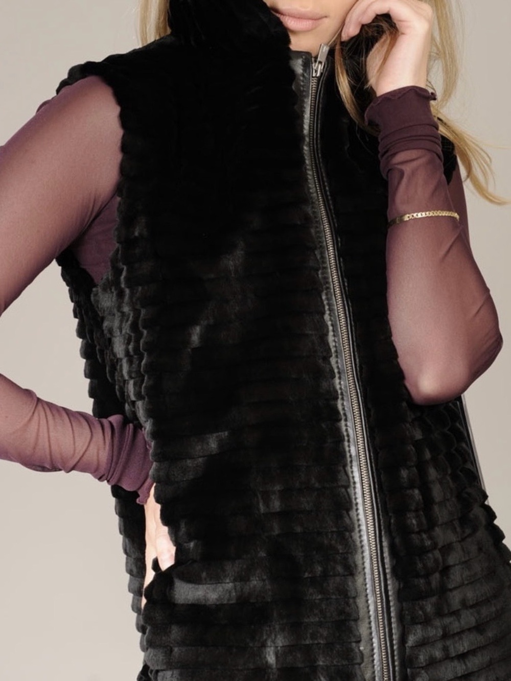 Calvin Klein Black Faux Fur Zip Front Vest Sleeveless Plush Layering Jacket
